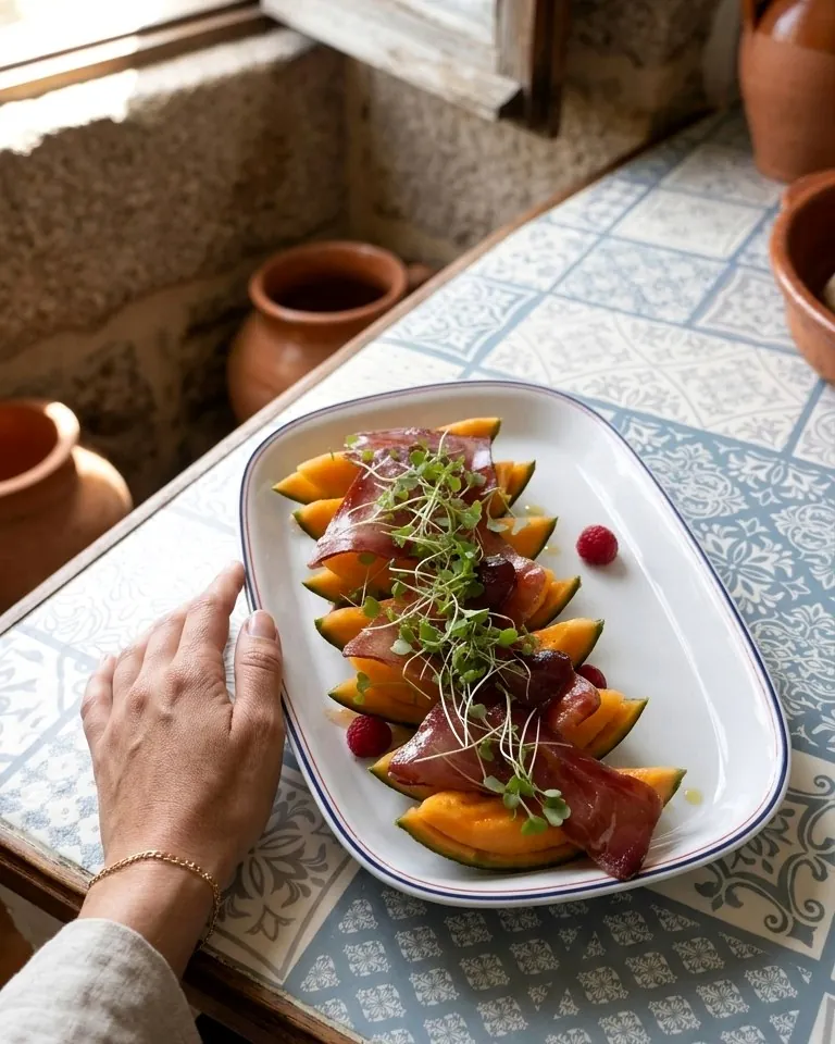Muxama and melon on Portuguese azulejo
